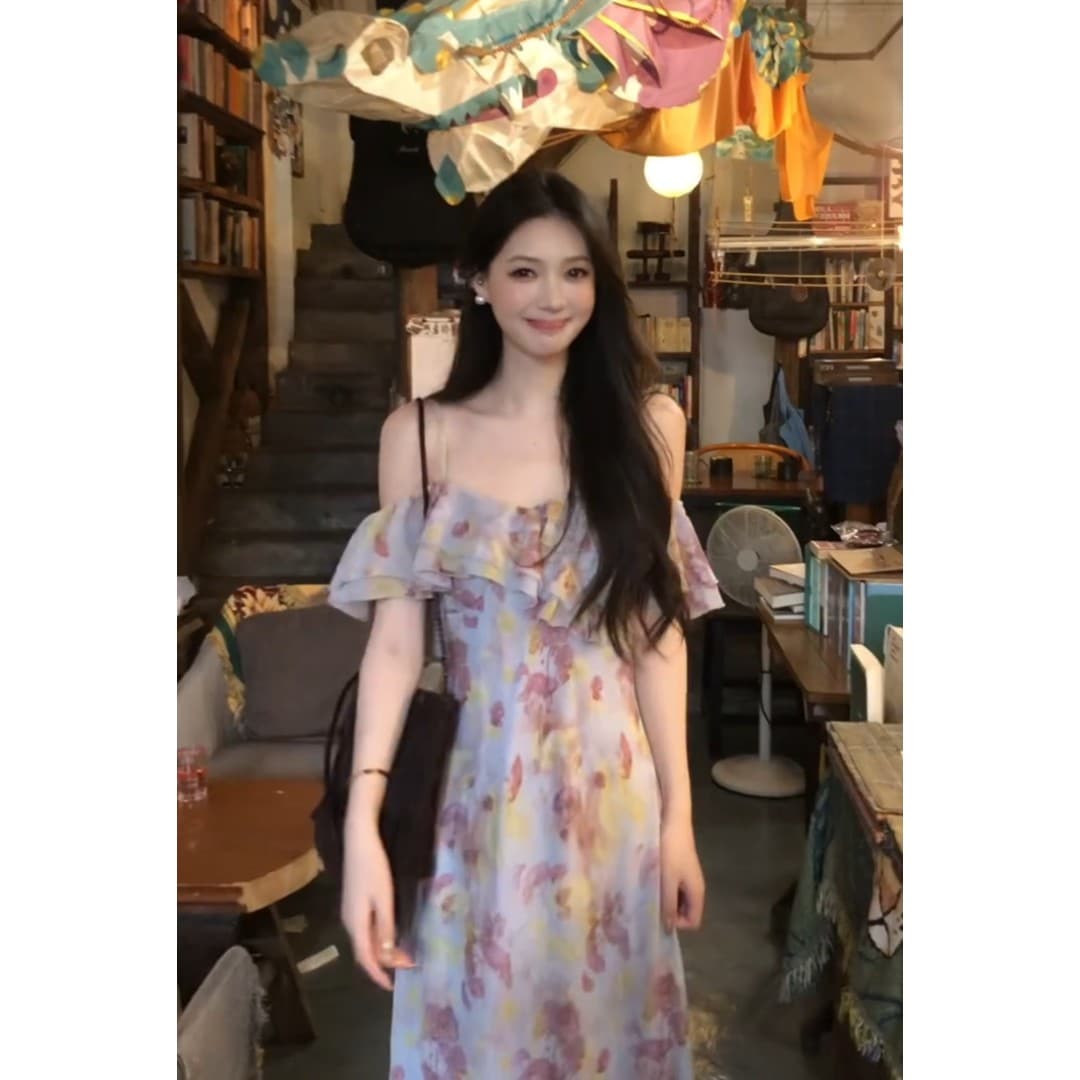정가 한 부서 휴가 바람 프린트 슬립 여성 드레스 여름 디자인 센스 허리 수축 슬림해 보이는 길다 치마 상세 이미지 4