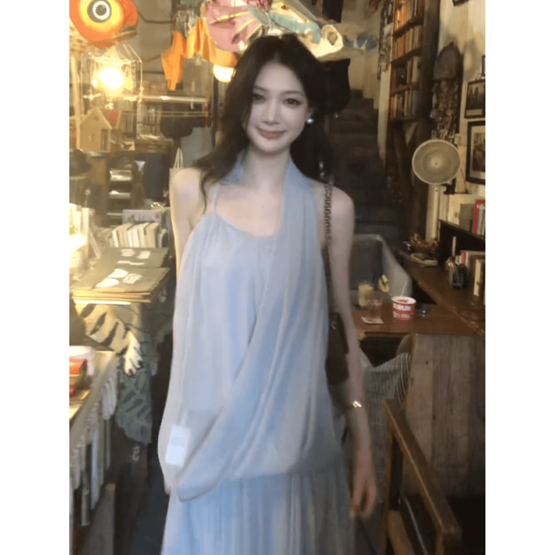 정가 프랑스식 휴가 바람 핀치 Pleat 행침 목 맨위 여성 여름 디자인 센스 하이웨이스트 반신 치마 세트 상세 이미지 4