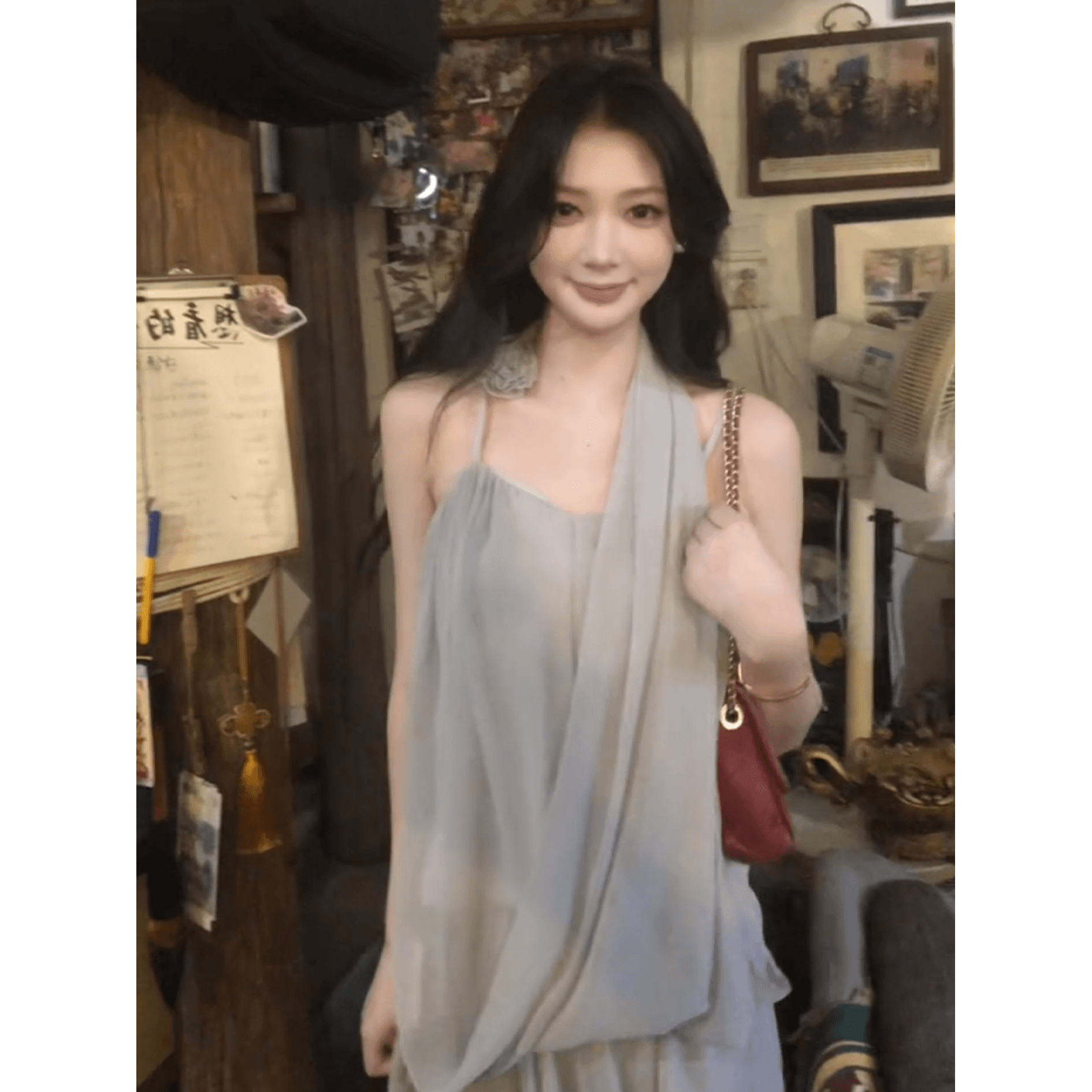 정가 프랑스식 휴가 바람 핀치 Pleat 행침 목 맨위 여성 여름 디자인 센스 하이웨이스트 반신 치마 세트 상세 이미지 5