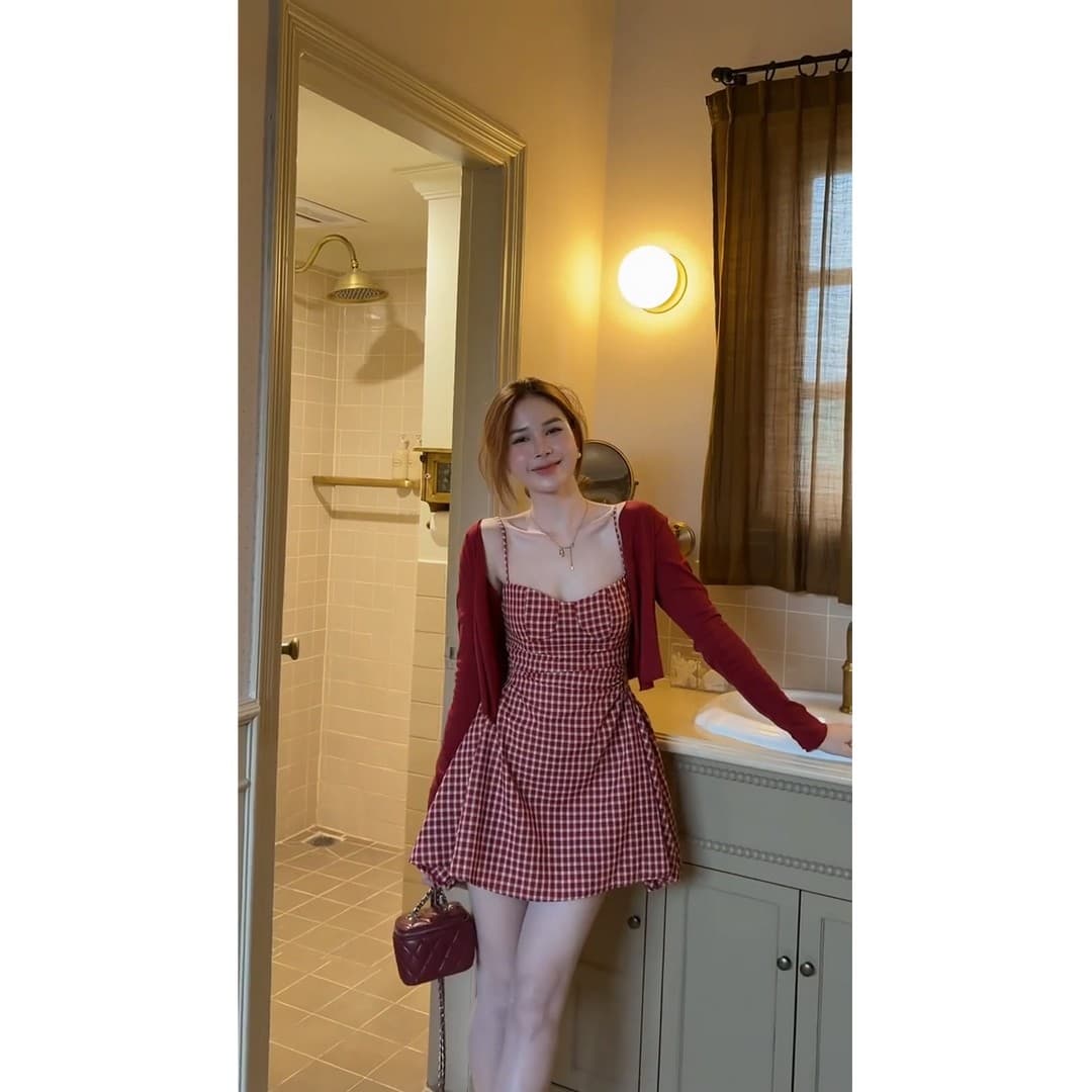 정가 한 부서 레트로 스타일 체크무늬 허리 Pleat 몸매 가꾸기 쇼트 스타일 슬립 드레스 여성 빨간색 오픈 가디건 여름 세트 이미지 4