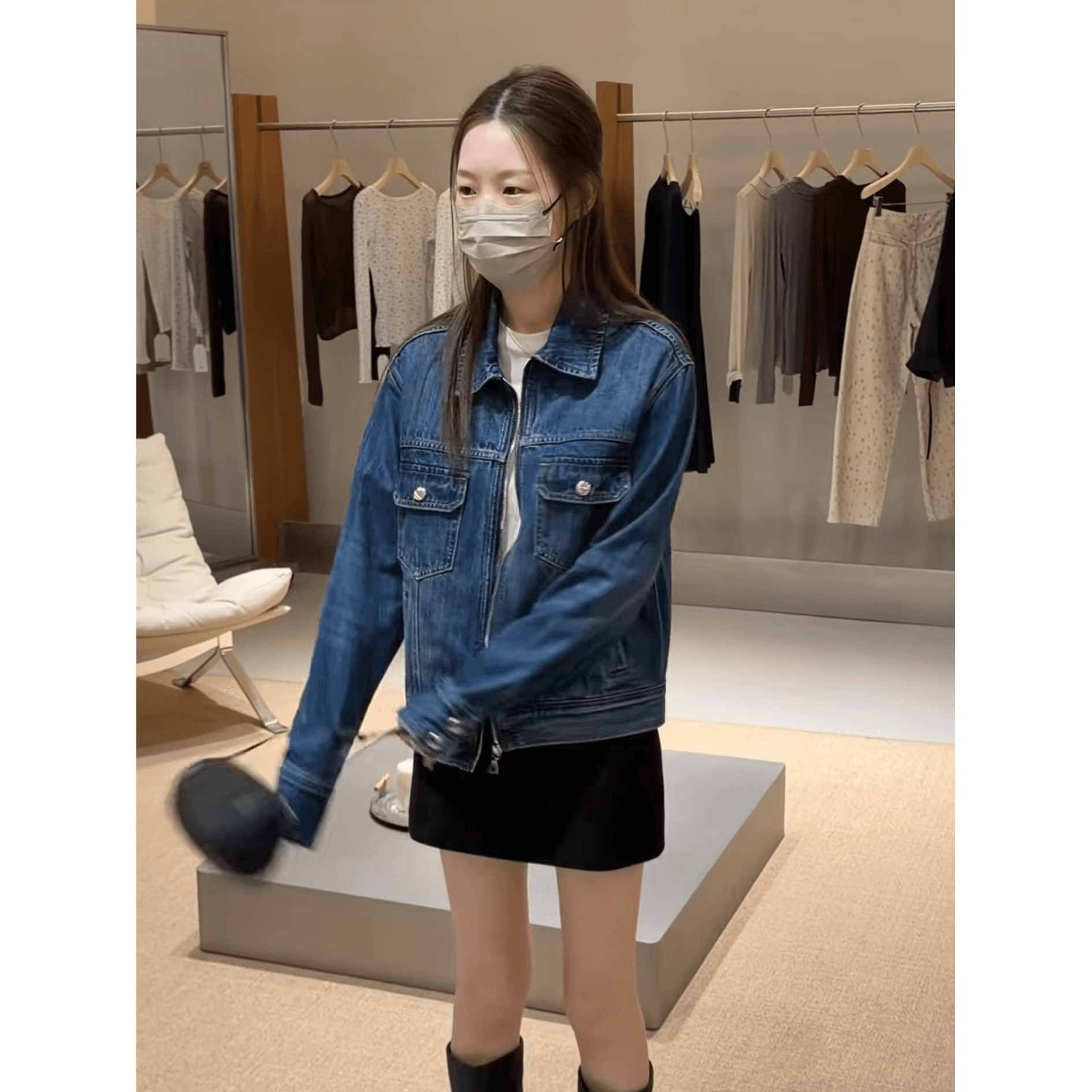 정가 한 부서 레트로 파란색 긴팔 데님 여성 코트 이른 가을 하이웨이스트 한 마디 반신 스커트 투피스 세트 이미지 3