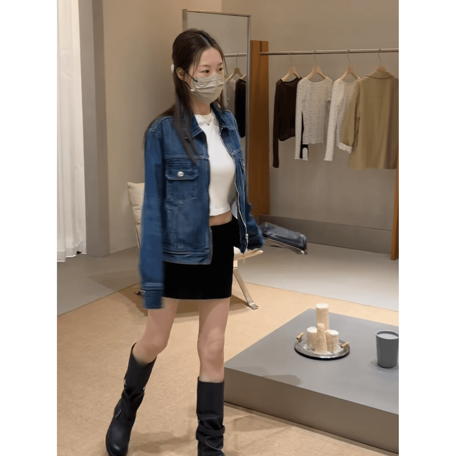 정가 한 부서 레트로 파란색 긴팔 데님 여성 코트 이른 가을 하이웨이스트 한 마디 반신 스커트 투피스 세트 이미지 5