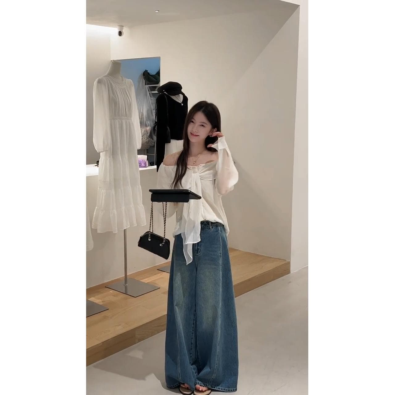 정가 한 부서 오프숄더 리본 맨위 이른 가을 새로운 다용도 넓은 다리 청바지 부드러운 아름다움 세트 이미지 3