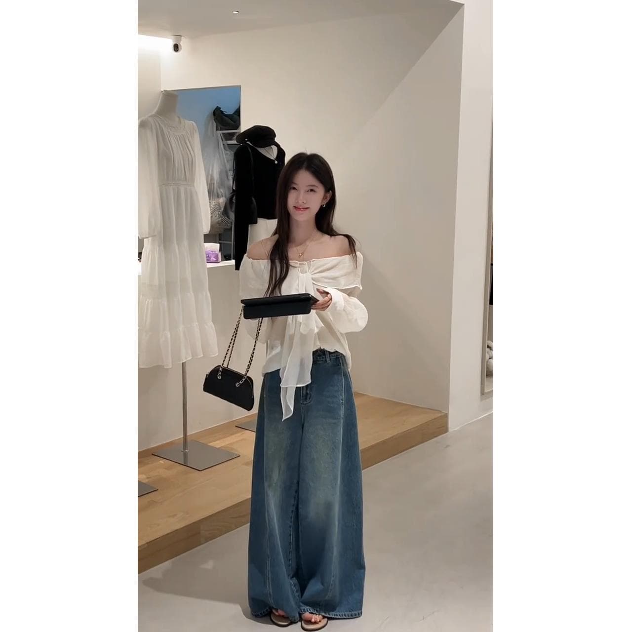 정가 한 부서 오프숄더 리본 맨위 이른 가을 새로운 다용도 넓은 다리 청바지 부드러운 아름다움 세트 상세 이미지 3