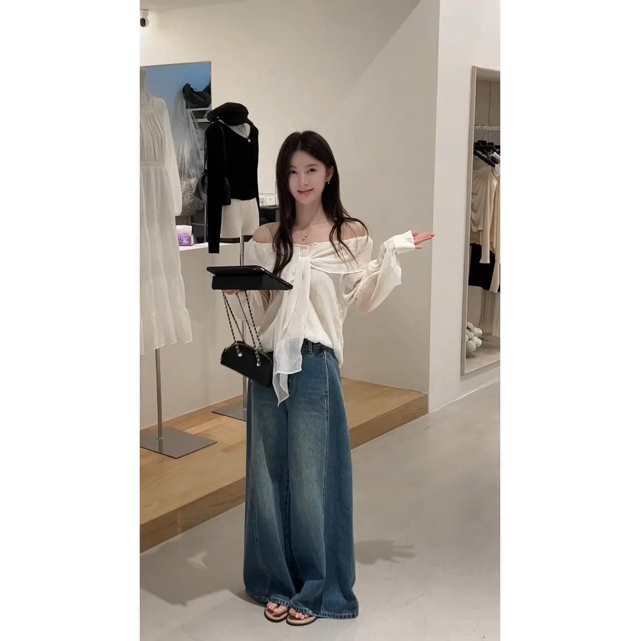 정가 한 부서 오프숄더 리본 맨위 이른 가을 새로운 다용도 넓은 다리 청바지 부드러운 아름다움 세트 상세 이미지 4