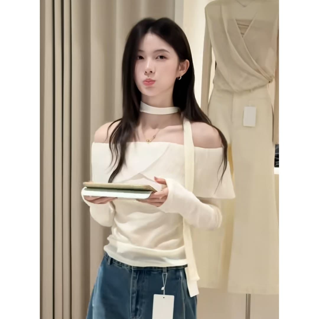 정가 프랑스식 빛 럭셔리 바람 오프숄더 허리 수축 긴팔 맨위 하이웨이스트 슬림해 보이는 넓은 다리 청바지 세트 상세 이미지 4