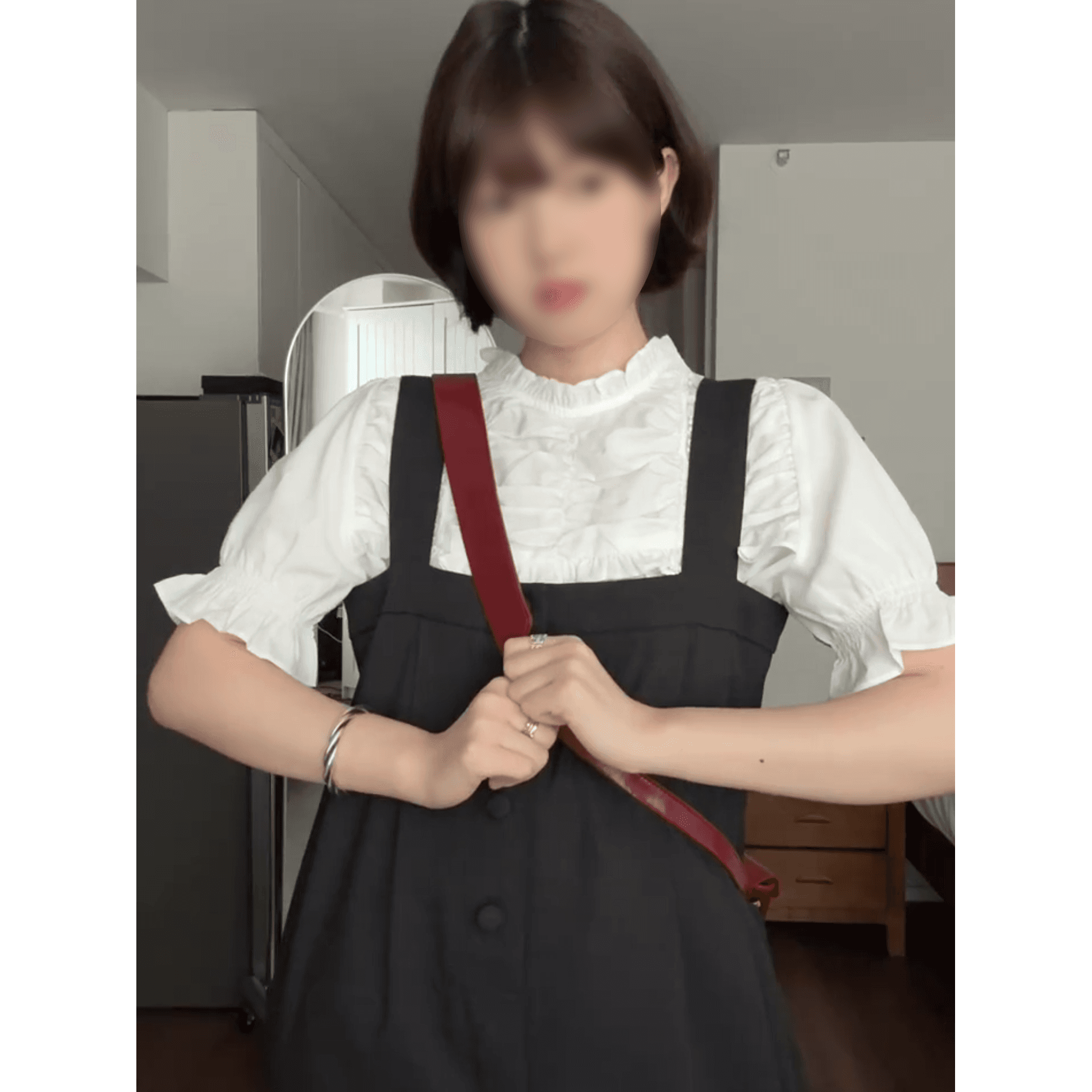 정가 한 부서 달콤한 스타일 프릴 거품 소매 여성 셔츠 단추 루즈핏 멜빵 긴 바지 세트 상세 이미지 3
