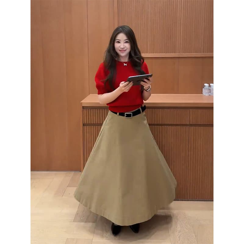 정가 프랑스식 부드러운 바람 빨간색 반팔 니트 스웨터 맨위 하이웨이스트 한 마디 도트 무늬 반신 치마 세트 이미지 2
