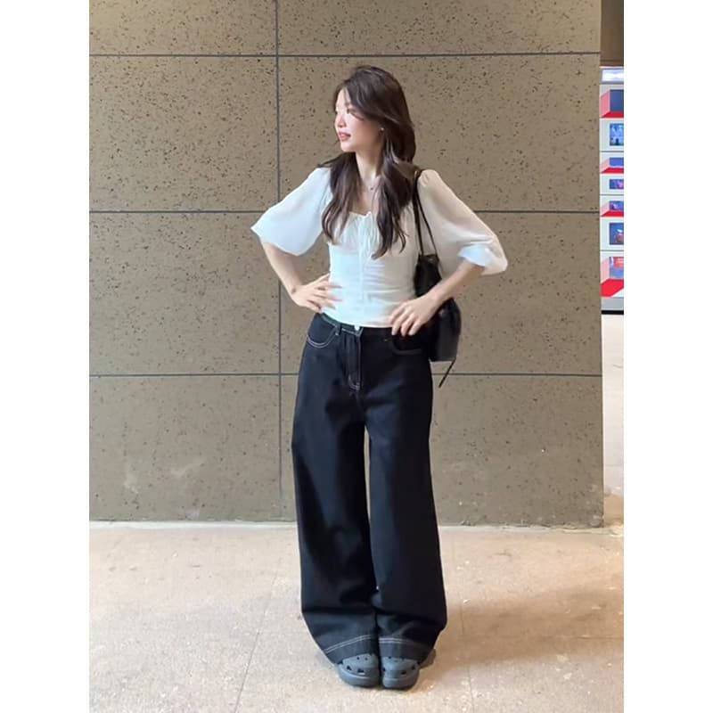 정가 한 부서 소녀 바람 광장 칼라 중간 소매 작은 셔츠 맨위 여성 루즈핏 슬림해 보이는 넓은 다리 청바지 세트 상세 이미지 3