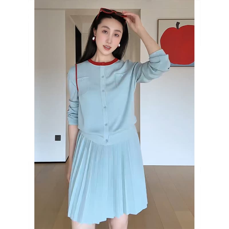 정가 배색 디자인 센스 부드러운 찹쌀 니트 오픈 가디건 맨위 여성 가을 새로운 하이웨이스트 한 마디 반신 치마 세트 상세 이미지 2