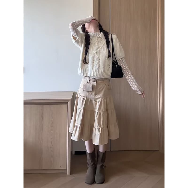 정가 한 부서 착용 가져 가라. 반팔 니트 스웨터 레이스 기본 셔츠 여성 하이웨이스트 슬림해 보이는 반신 치마 세트 이미지 4