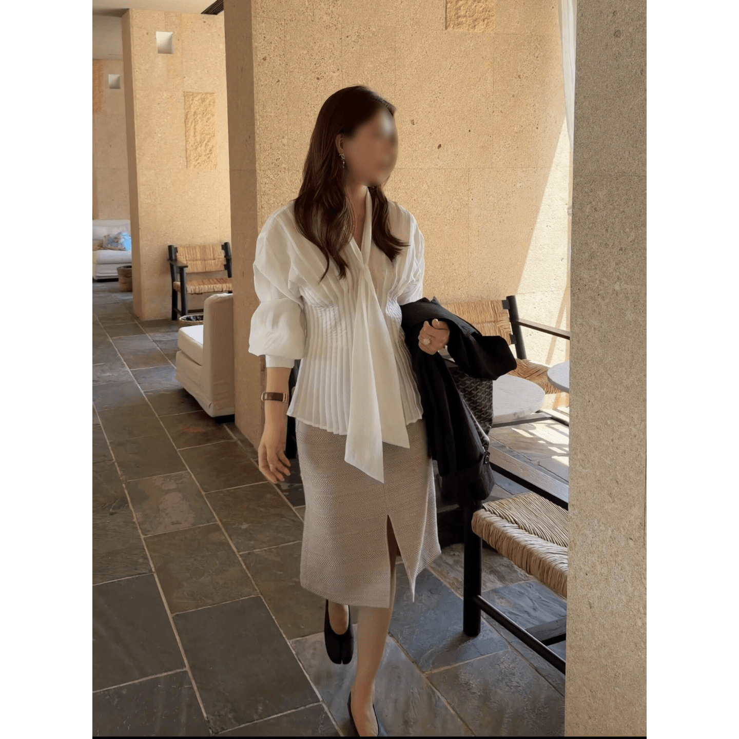 정가 프랑스식 빛 럭셔리 바람 V넥 플리츠 허리 수축 여성 셔츠 이른 가을 새로운 하이웨이스트 반신 치마 세트 상세 이미지 2