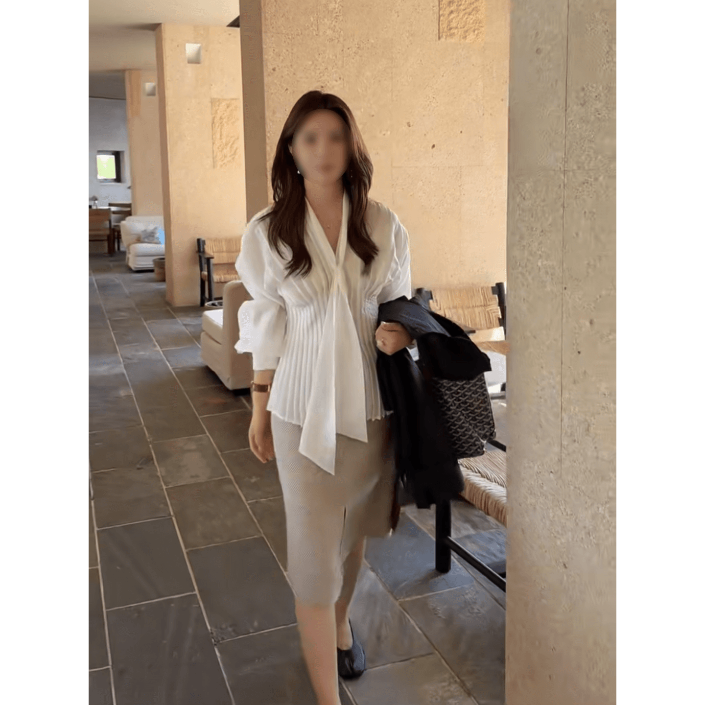 정가 프랑스식 빛 럭셔리 바람 V넥 플리츠 허리 수축 여성 셔츠 이른 가을 새로운 하이웨이스트 반신 치마 세트 상세 이미지 3