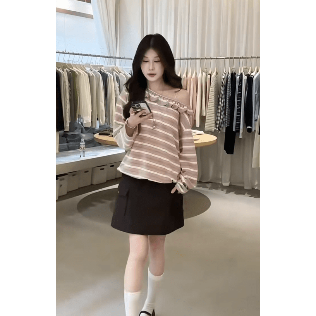 정가 프랑스식 달콤한 스타일 비스듬한 어깨 스트라이프 긴팔 맨위 여성 품격 하이웨이스트 슬림해 보이는 반신 치마 세트 이미지 6