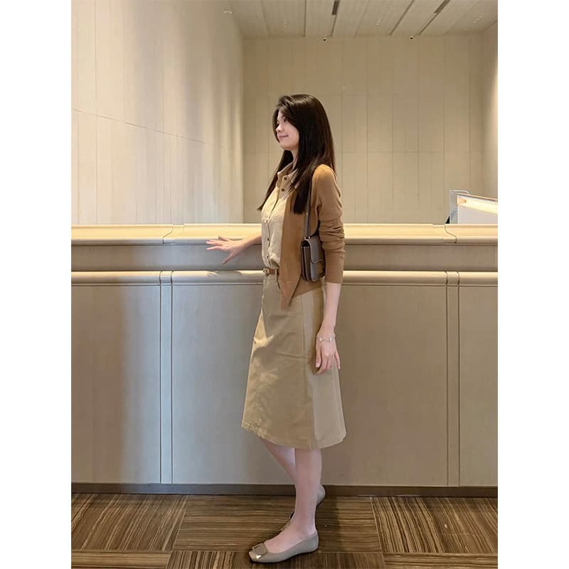 정가 한 부서 빛 럭셔리 센스 긴팔 니트 오픈 가디건 폴로 칼라 여성 셔츠 가을 하이웨이스트 반신 치마 세트 상세 이미지 2