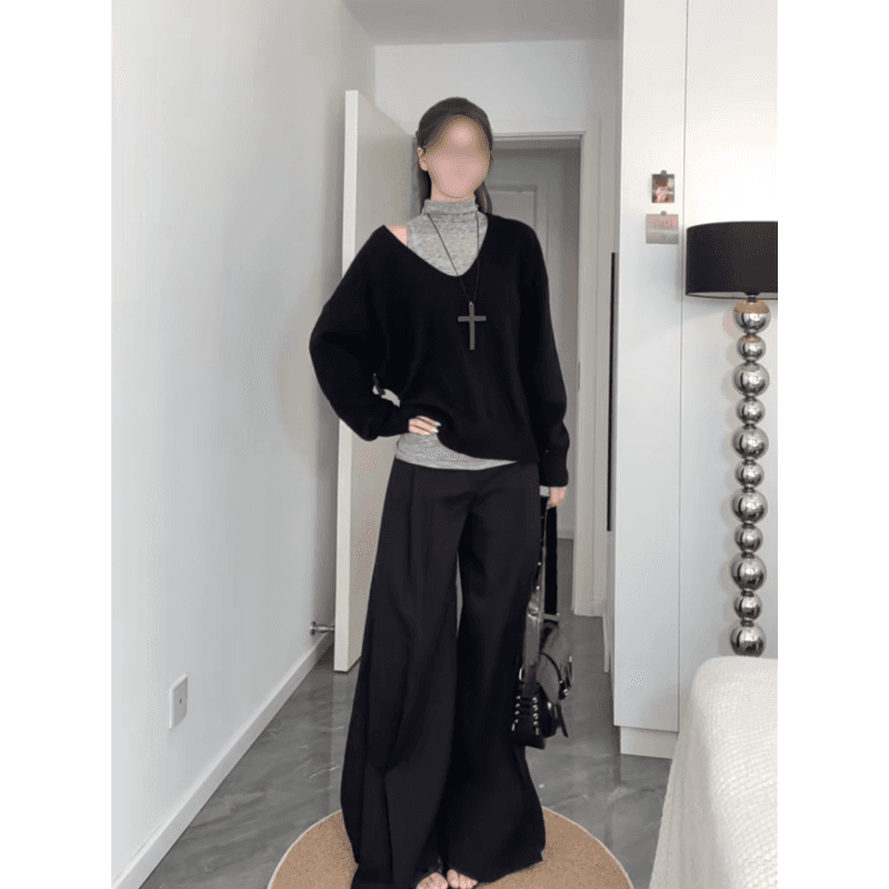 정가 한 부서 터틀넥 민소매 기본 셔츠 V넥 니트 스웨터 여성 가을 새로운 와이드 레그 팬츠 3종 세트 이미지 6