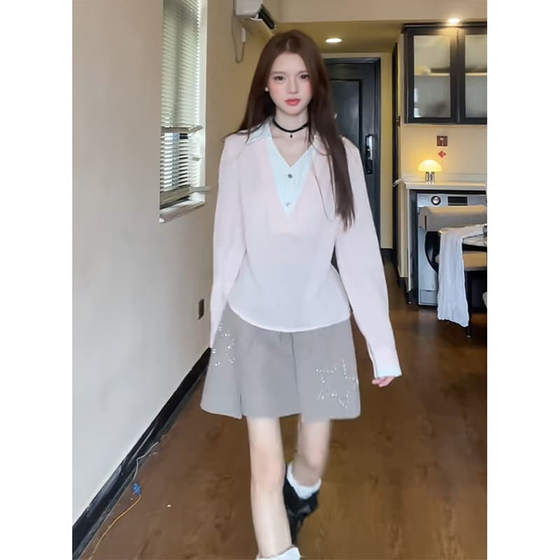 정가 프랑스식 페이크 레이어드 V넥 긴팔 셔츠 맨위 여성 이른 가을 디자인 센스 한 마디 반신 치마 세트 상세 이미지 3