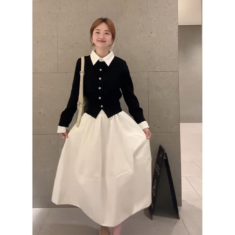 정가 부드러운 바람 디자인 센스 폴로 칼라 페이크 레이어드 맨위 여성 가을 코디 꽃밭 반신 치마 세트 상세 이미지 2