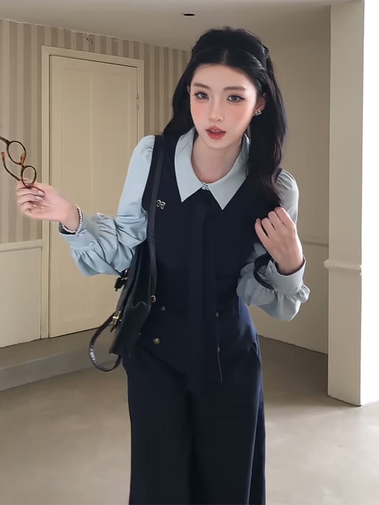정가 프랑스식 빛 럭셔리 바람 베스트 뒤로 심장 안에 가져 가라. 긴팔 셔츠 맨위 여성 하이웨이스트 캐주얼 바지 세트 상세 이미지 4