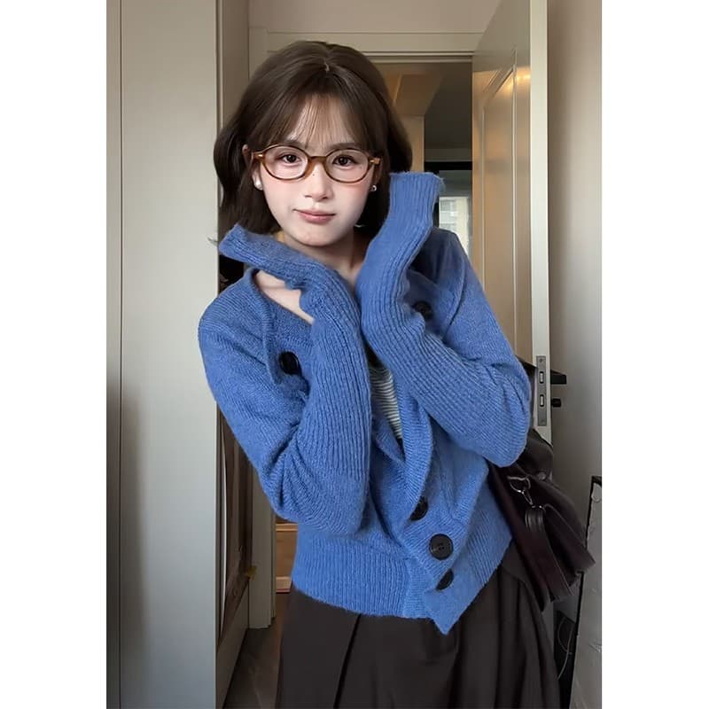 정가 고급 센스 파란색 긴팔 니트 스웨터 여성 코트 가을 하이웨이스트 루즈핏 와이드 레그 팬츠 세트 이미지 5