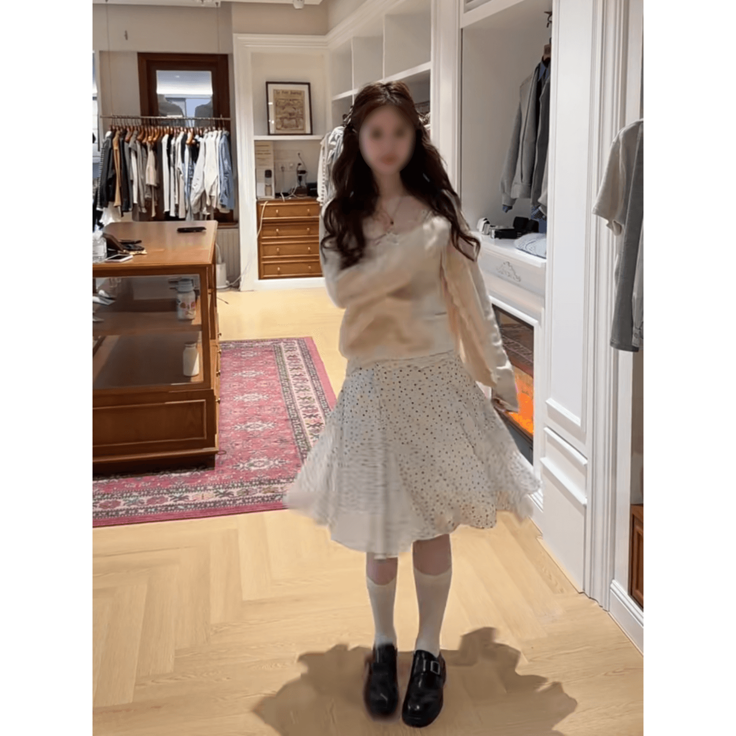 정가 한 부서 부드러운 바람 니트 오픈 가디건 레이스 슬립 여성 가을 도트 무늬 품격 반신 치마 세트 이미지 2