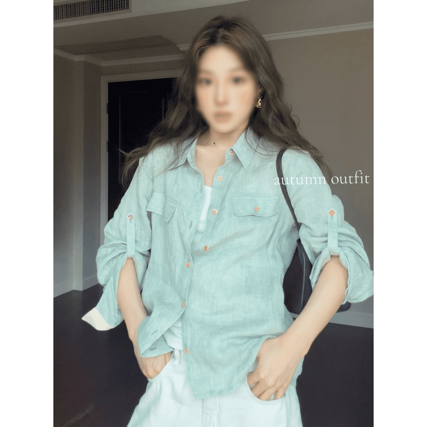 정가 프랑스식 디자인 센스 폴로 칼라 긴팔 셔츠 맨위 가을 하이웨이스트 캐주얼 바지 빛 럭셔리 센스 세트 상세 이미지 2