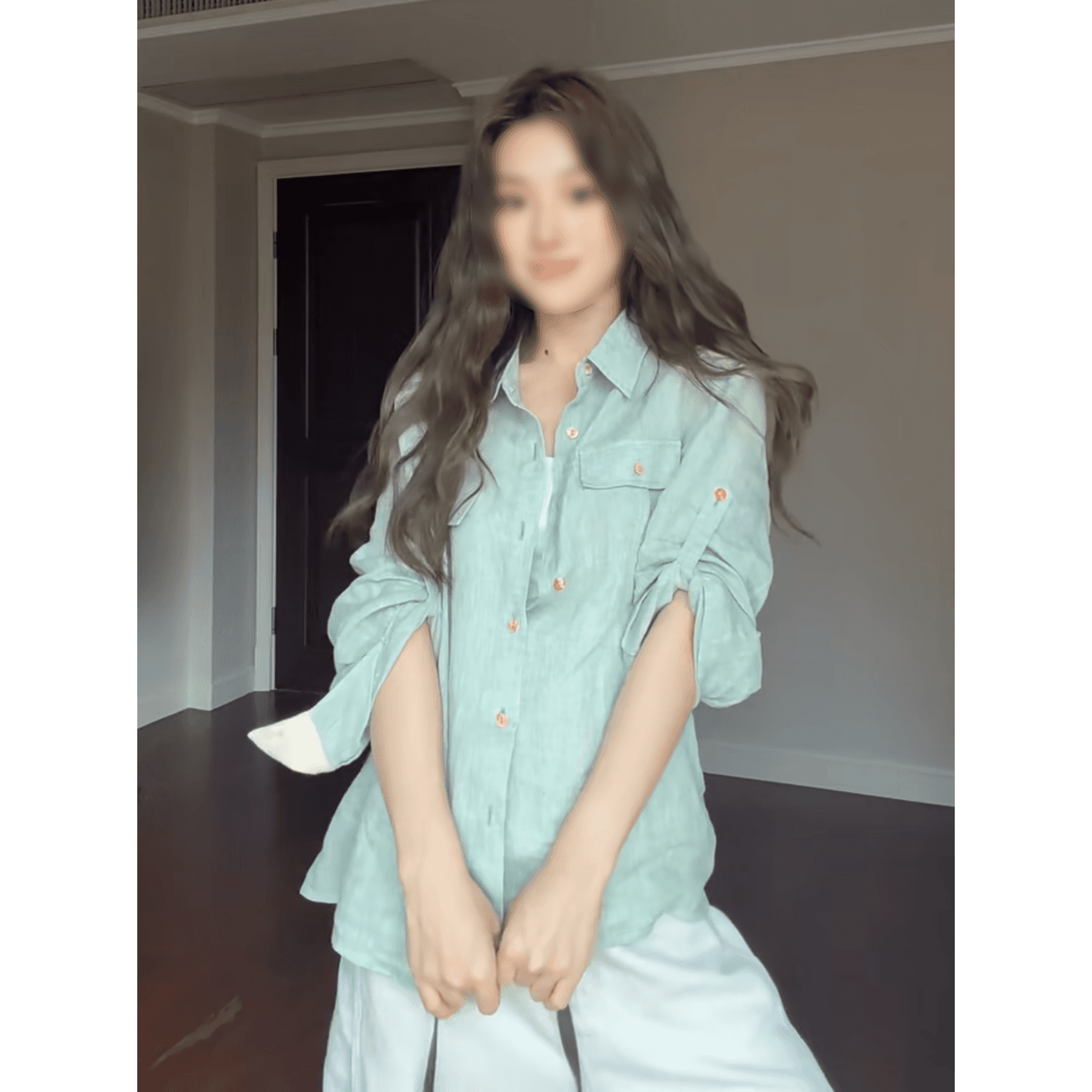 정가 프랑스식 디자인 센스 폴로 칼라 긴팔 셔츠 맨위 가을 하이웨이스트 캐주얼 바지 빛 럭셔리 센스 세트 상세 이미지 3