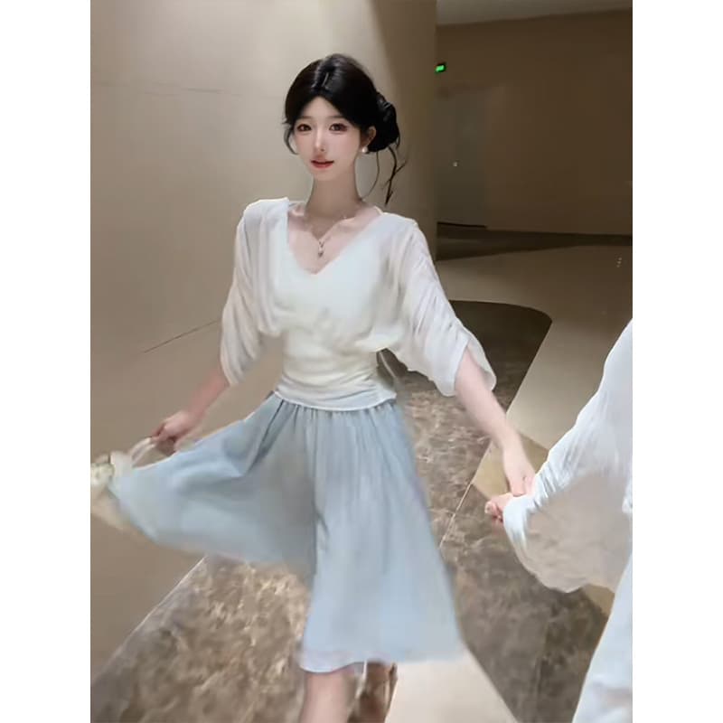 정가 프랑스식 부드러운 바람 V넥 쉬폰 셔츠 맨위 여성 이른 가을 하이웨이스트 슬림해 보이는 반신 치마 세트 이미지 6