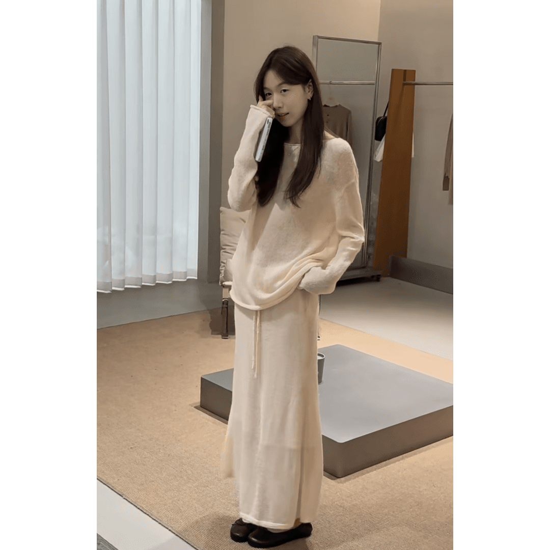 정가 프랑스식 느긋한 바람 긴팔 니트 맨위 여성 품격 하이웨이스트 슬림해 보이는 한 마디 반신 치마 세트 상세 이미지 3