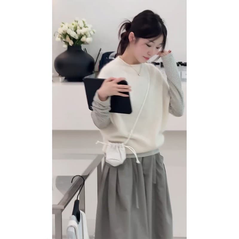 정가 한 부서 스트라이프 긴팔 티셔츠 스택 착용 스웨터 조끼 여성 하이웨이스트 슬림해 보이는 와이드 레그 팬츠 3종 세트 상세 이미지 3