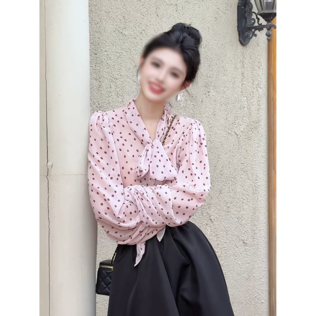 정가 프랑스식 소녀 바람 도트 무늬 분위기 센스 리본 긴팔 여성 조기 가을 새로운 반신 치마 세트 상세 이미지 4