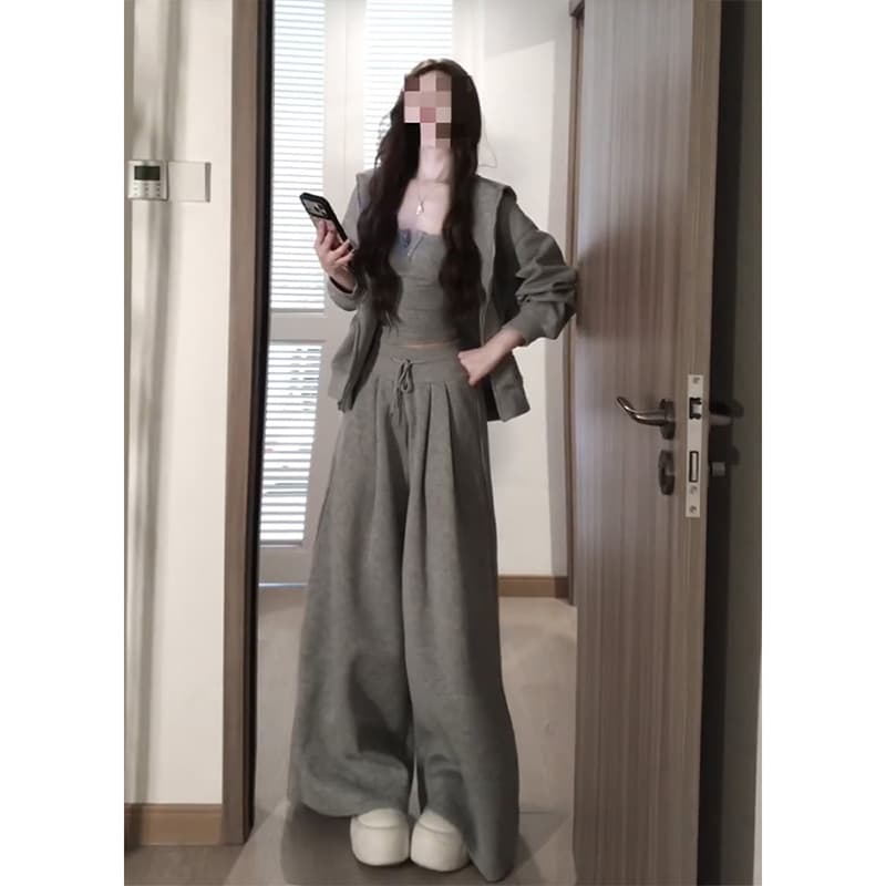 정가 한 부서 회색 후드 티 스웨터 재킷 캐미솔 맨위 여성 하이웨이스트 와이드 레그 팬츠 3종 세트 이미지 2