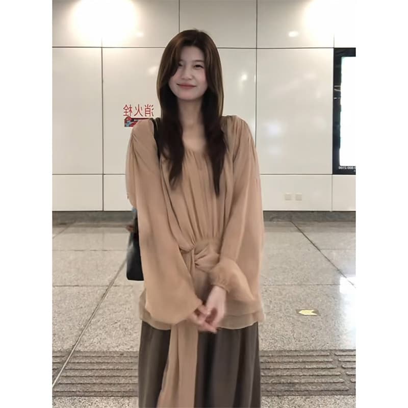 정가 프랑스식 레트로 펌프 Pleat 리본 허리 수축 긴팔 셔츠 맨위 하이웨이스트 넓은 다리 캐주얼 바지 세트 이미지 6