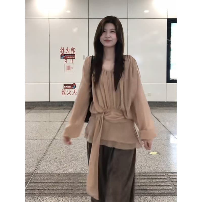 정가 프랑스식 레트로 펌프 Pleat 리본 허리 수축 긴팔 셔츠 맨위 하이웨이스트 넓은 다리 캐주얼 바지 세트 이미지 2