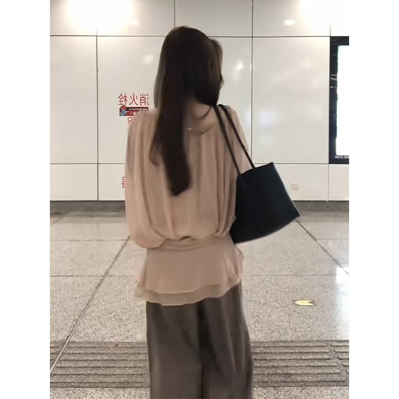 정가 프랑스식 레트로 펌프 Pleat 리본 허리 수축 긴팔 셔츠 맨위 하이웨이스트 넓은 다리 캐주얼 바지 세트 이미지 5