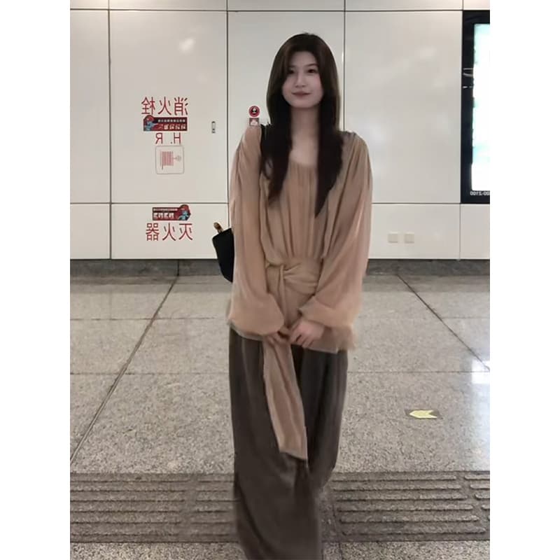 정가 프랑스식 레트로 펌프 Pleat 리본 허리 수축 긴팔 셔츠 맨위 하이웨이스트 넓은 다리 캐주얼 바지 세트 상세 이미지 2