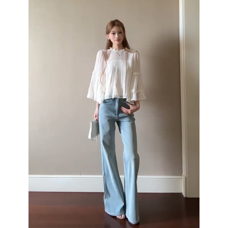 정가 프랑스식 부드러운 바람 나팔 소매 레이스 여성 셔츠 가을 새로운 하이 웨이스트 청바지 세트 이미지 6