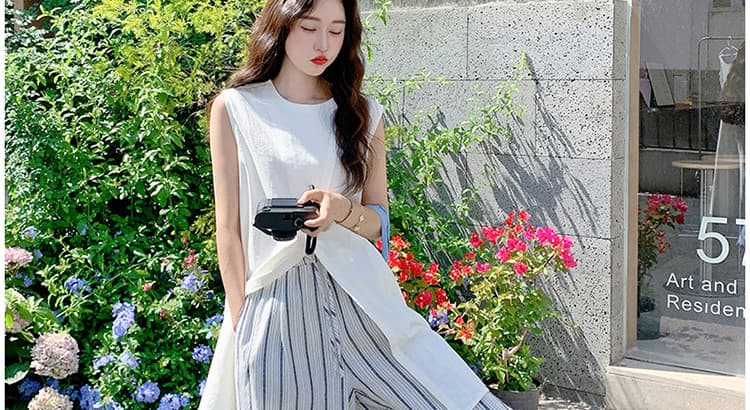 재고 있음 그림 가공 여름 2026 새로운 민소매 맨위 조끼 스택 착용 스트라이프 와이드 레그 팬츠 투피스 세트 상세 이미지 50