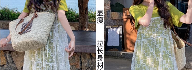재고 있음 그림 가공 휴가 바람 레이스 슬립 블라우스 점프 슈트 치마 세트 녹색 스택 착용 디자인 센스 두 조각 상세 이미지 12