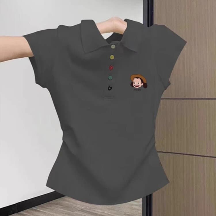 유럽 상품 POLO 칼라 반팔 티셔츠 여성 여름 새로운 색상 단추 주름 허리 수축 주름 몸매 가꾸기 품격 맨위