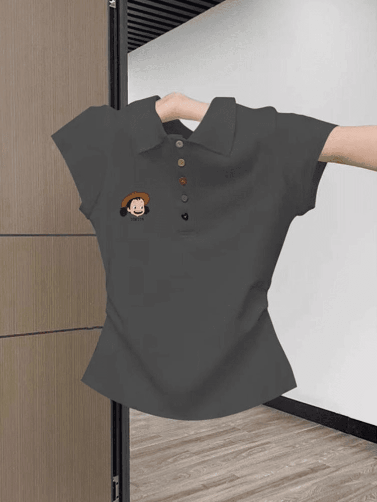 유럽 상품 POLO 칼라 반팔 티셔츠 여성 여름 새로운 색상 단추 주름 허리 수축 주름 몸매 가꾸기 품격 맨위 상세 이미지 1