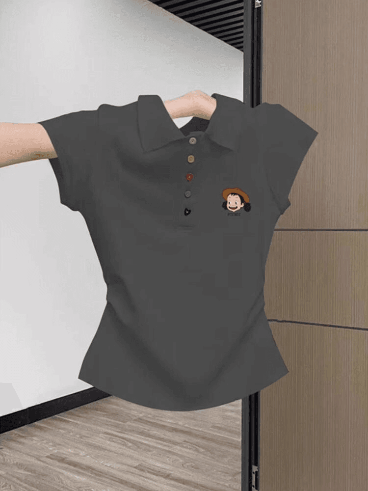 유럽 상품 POLO 칼라 반팔 티셔츠 여성 여름 새로운 색상 단추 주름 허리 수축 주름 몸매 가꾸기 품격 맨위 상세 이미지 2