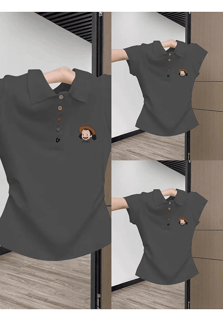 유럽 상품 POLO 칼라 반팔 티셔츠 여성 여름 새로운 색상 단추 주름 허리 수축 주름 몸매 가꾸기 품격 맨위 상세 이미지 4