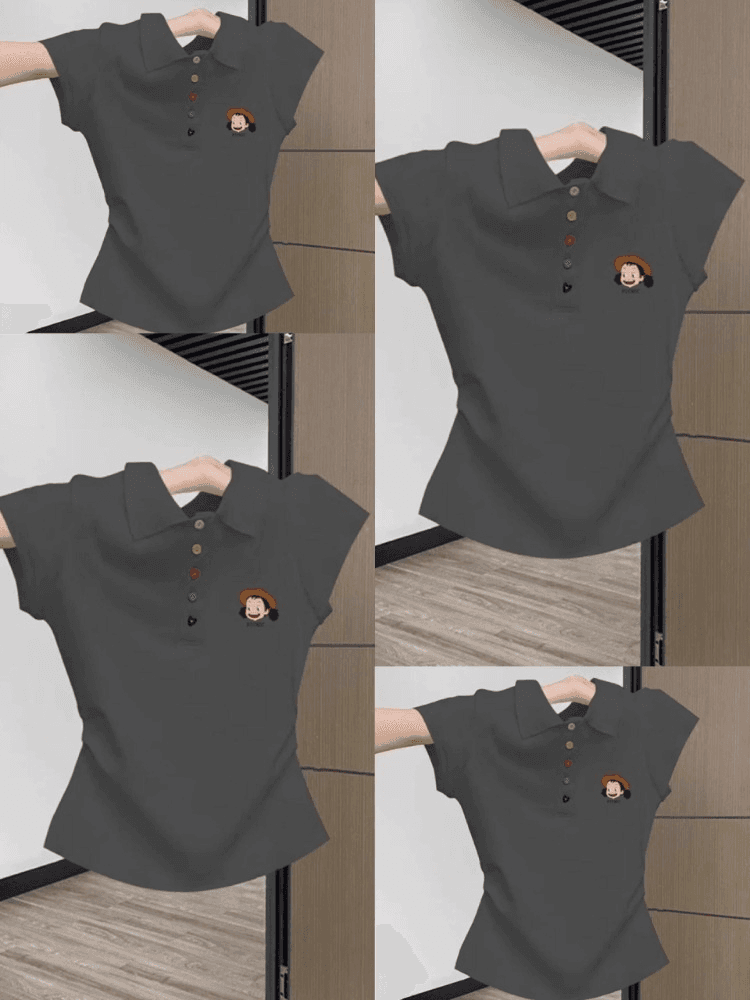 유럽 상품 POLO 칼라 반팔 티셔츠 여성 여름 새로운 색상 단추 주름 허리 수축 주름 몸매 가꾸기 품격 맨위 상세 이미지 5