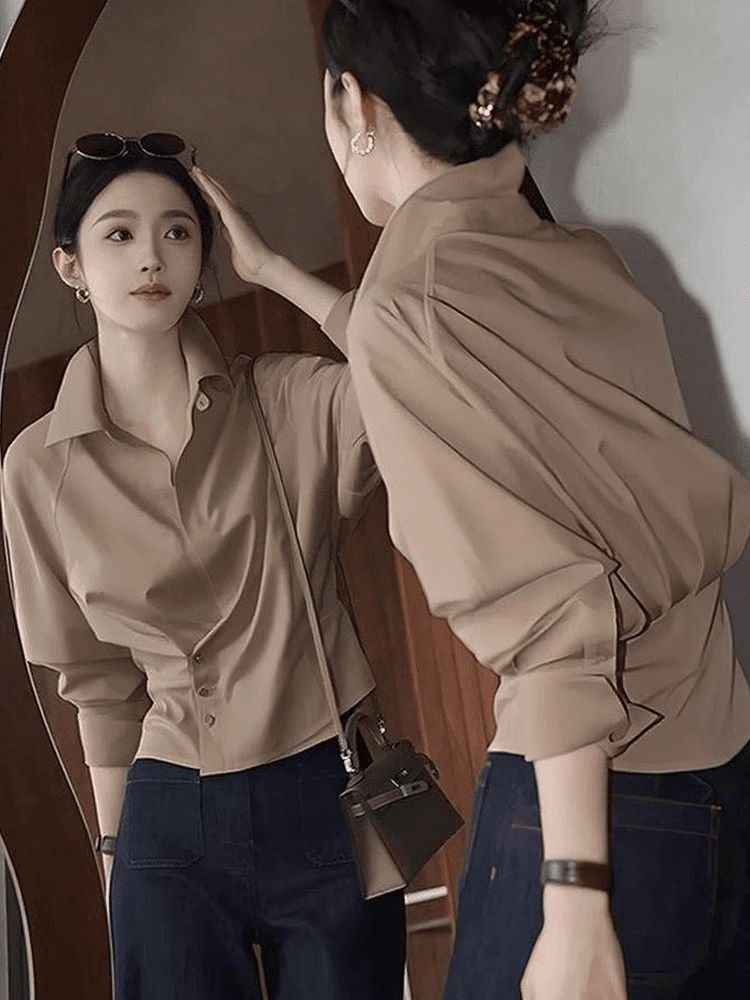 프랑스식 불규칙 긴팔 비스듬한 버클 여성 셔츠 조기 봄 가을 2026 새로운 슬림해 보이는 맨위 허리 수축 고급 센스 셔츠 상세 이미지 5