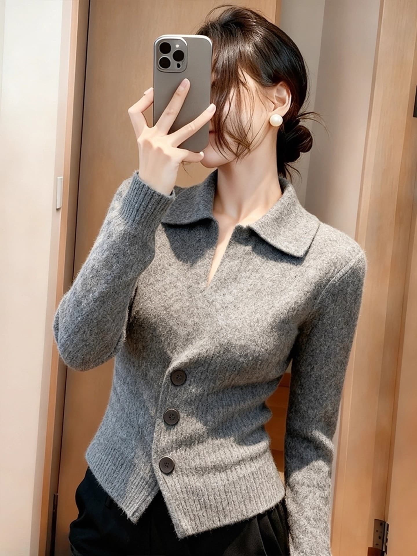 패션 느슨함 센스 폴로 칼라 회색 스웨터 여자 가을 새로운 몸매 가꾸기 슬림해 보이는 다용도 고급 센스 니트 스웨터 맨위 이미지 3