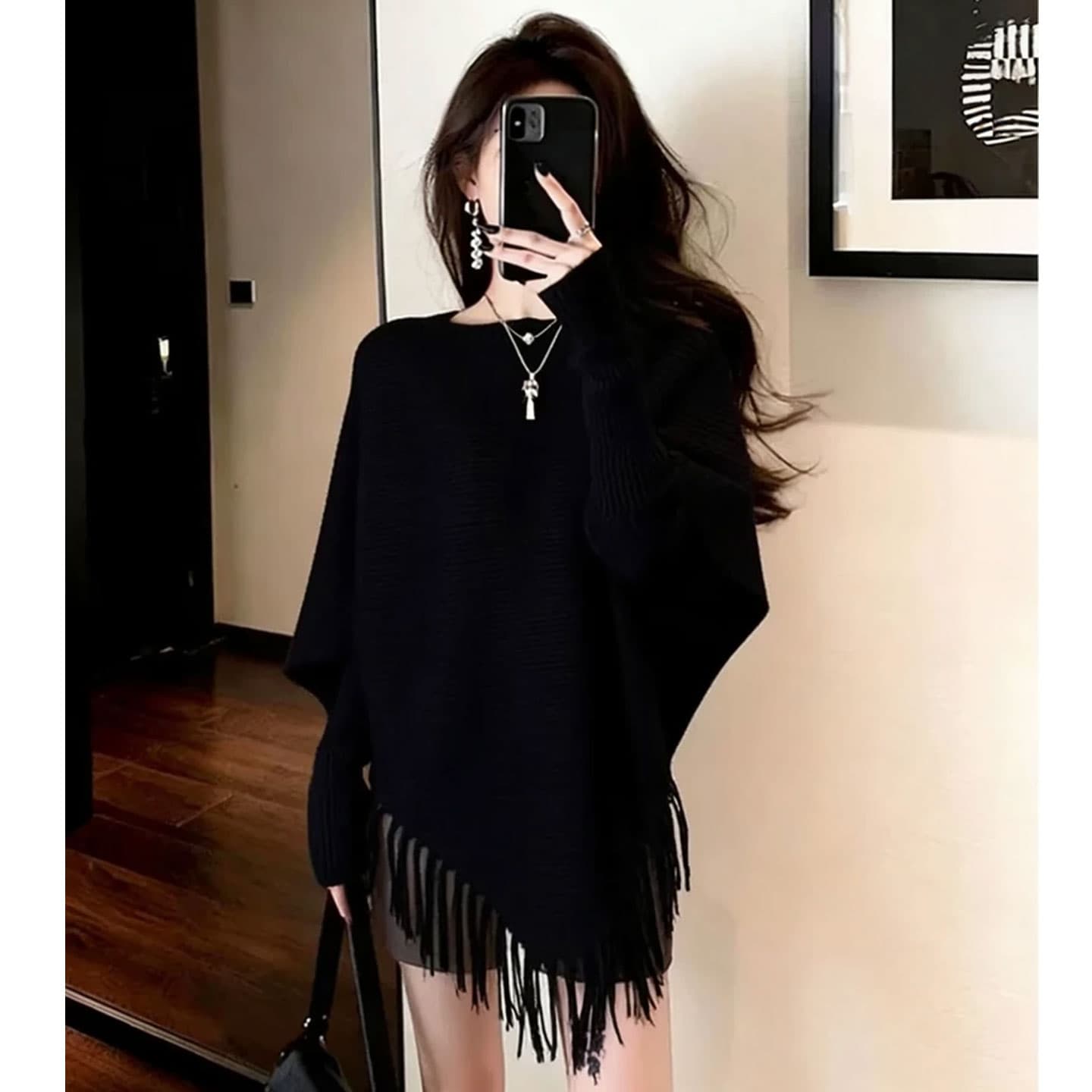 디자인 센스 술 측면 불규칙 니트 스웨터 여성 가을 겨울 새로운 느긋한 바람 루즈핏 슬림해 보이는 풀오버 맨위 상세 이미지 3