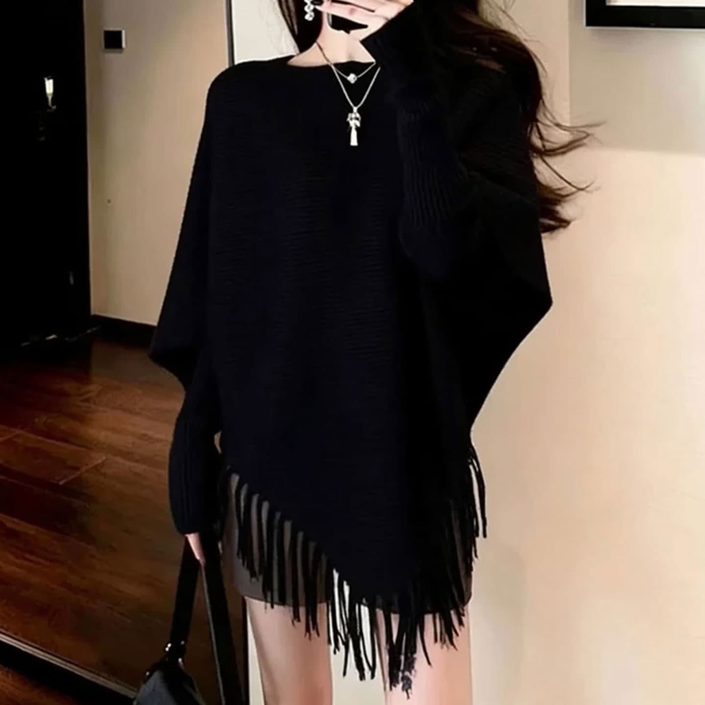 디자인 센스 술 측면 불규칙 니트 스웨터 여성 가을 겨울 새로운 느긋한 바람 루즈핏 슬림해 보이는 풀오버 맨위 상세 이미지 4