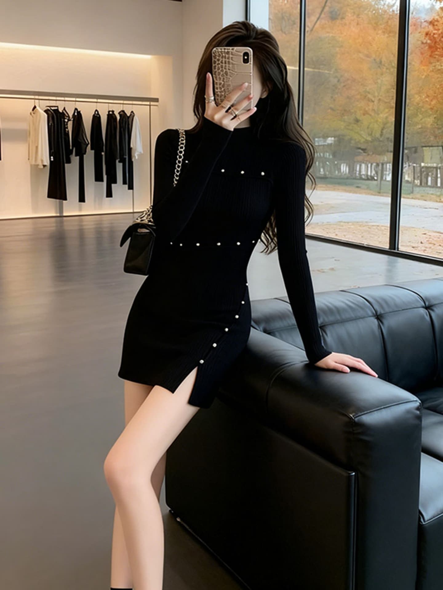 가을 겨울 감기 부유 한 가족 천 골드 품격 여신 팬 빛 럭셔리 고급 센스 관대 한 점잖은 작은 샤넬 스타일 검정색 드레스 이미지 4