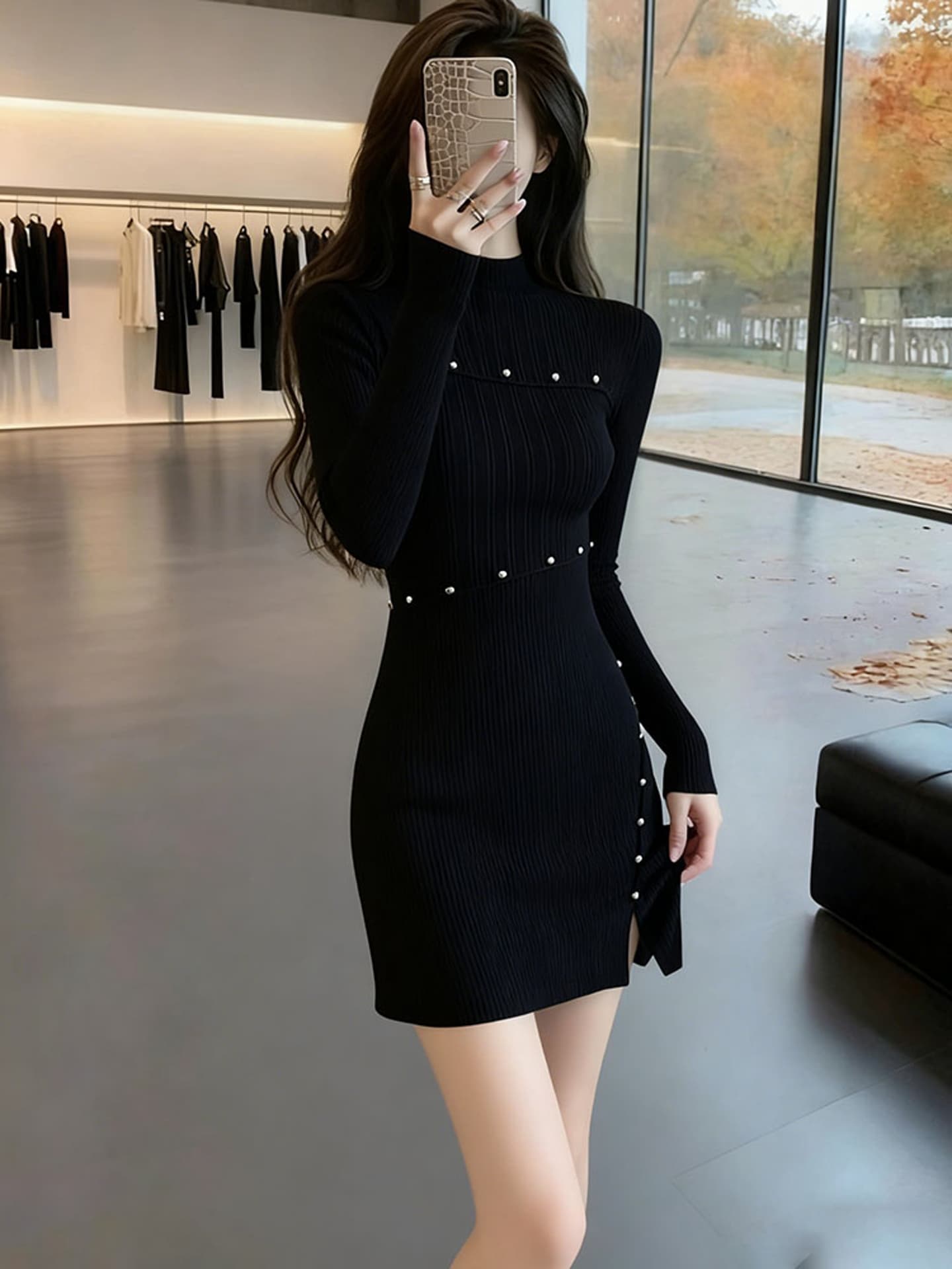 가을 겨울 감기 부유 한 가족 천 골드 품격 여신 팬 빛 럭셔리 고급 센스 관대 한 점잖은 작은 샤넬 스타일 검정색 드레스 상세 이미지 2